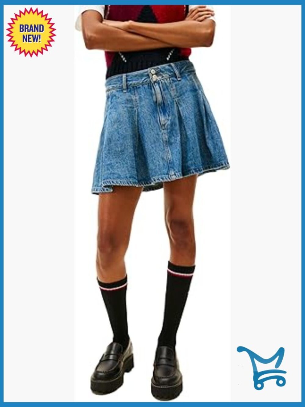 Denim Pleated Mini Skirt with Embroidered Flag Logo - High Rise
